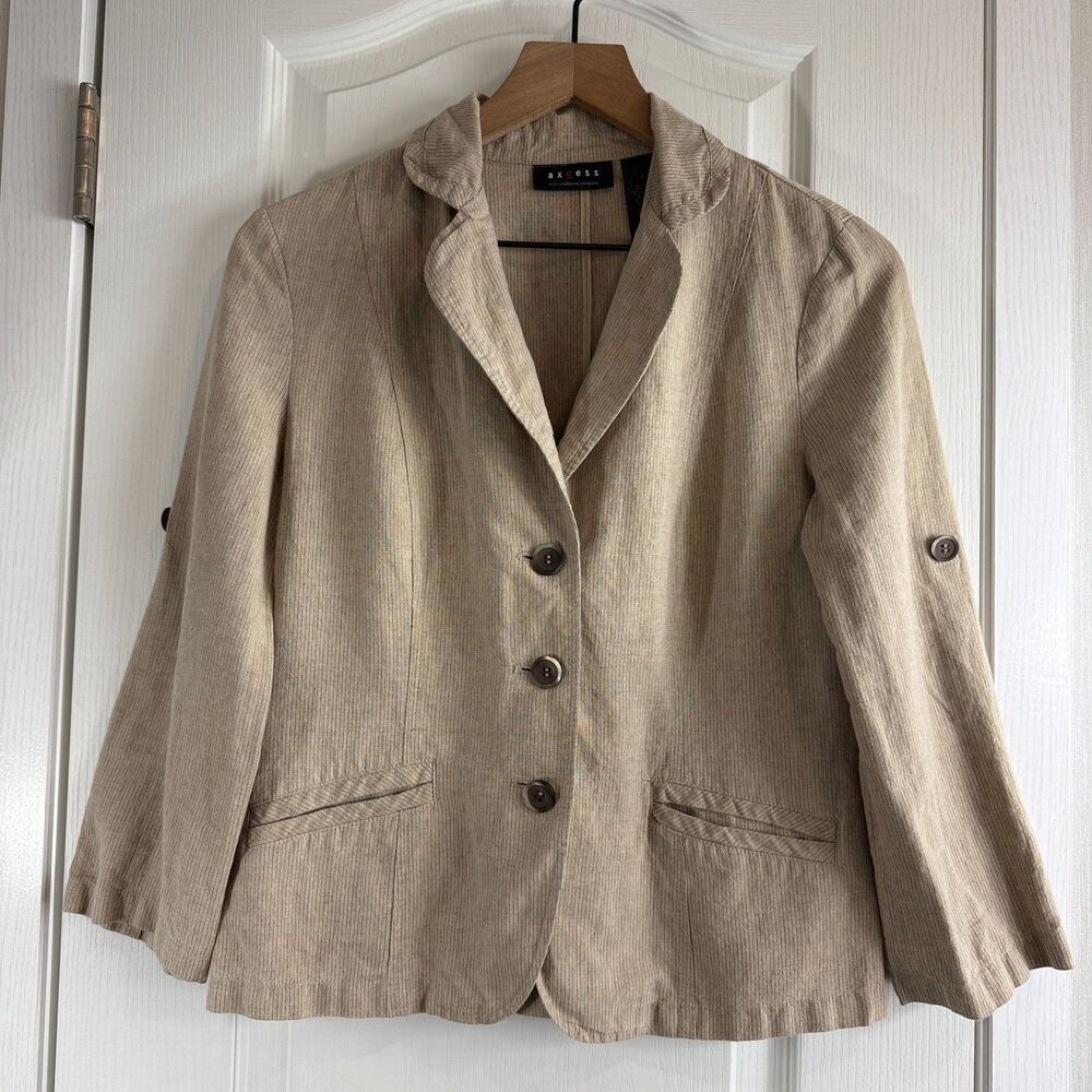 Axcess Liz Claiborne Women's Linen Blend Blazer Tan 3/4 Sleeve Roll Tab Size 6